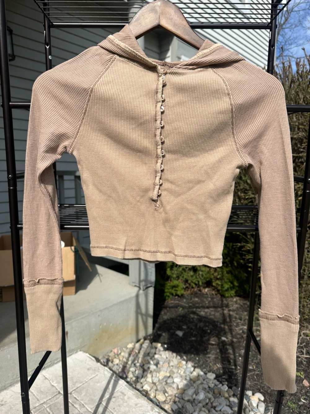 Urban Outfitters Beige Ribbed Button Up Long Sleeve Hoodie